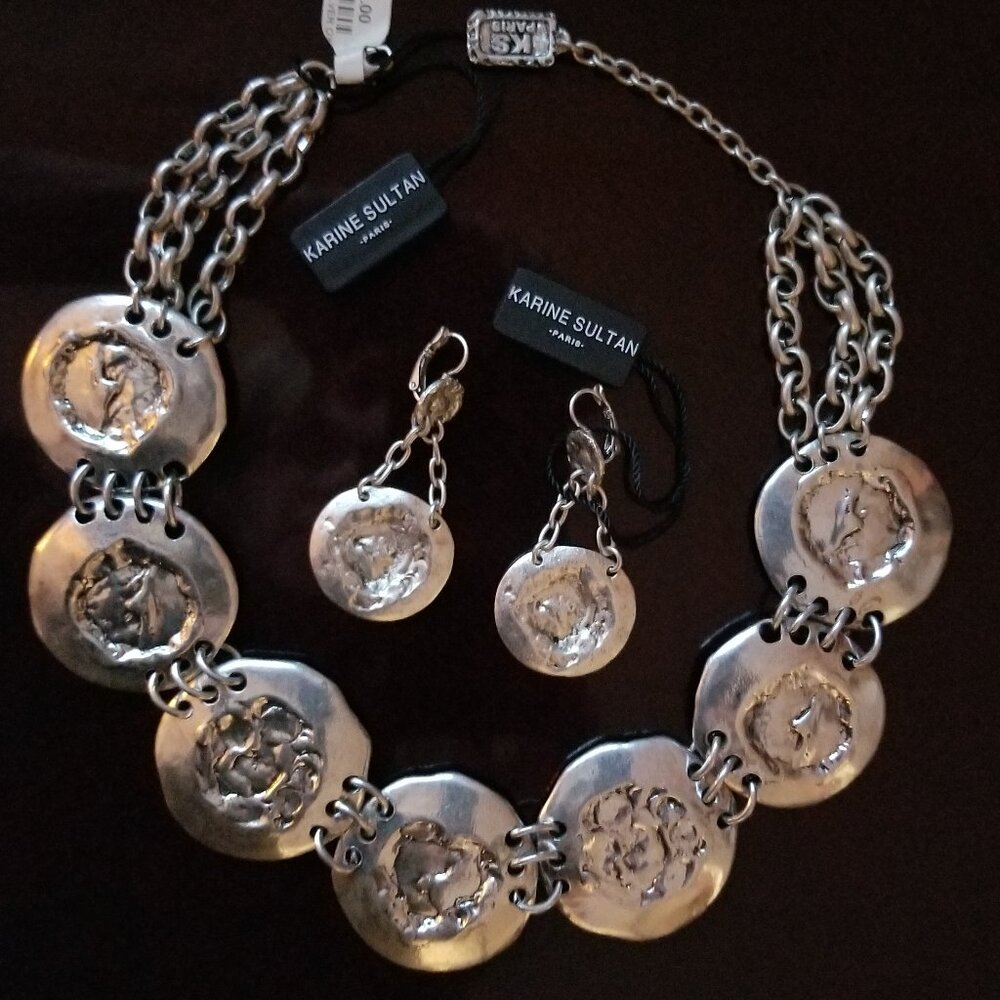 KARINE SULTAN SILVER HAMMERED COINS COLLAR NECKLACE  & EARRINGS NWT